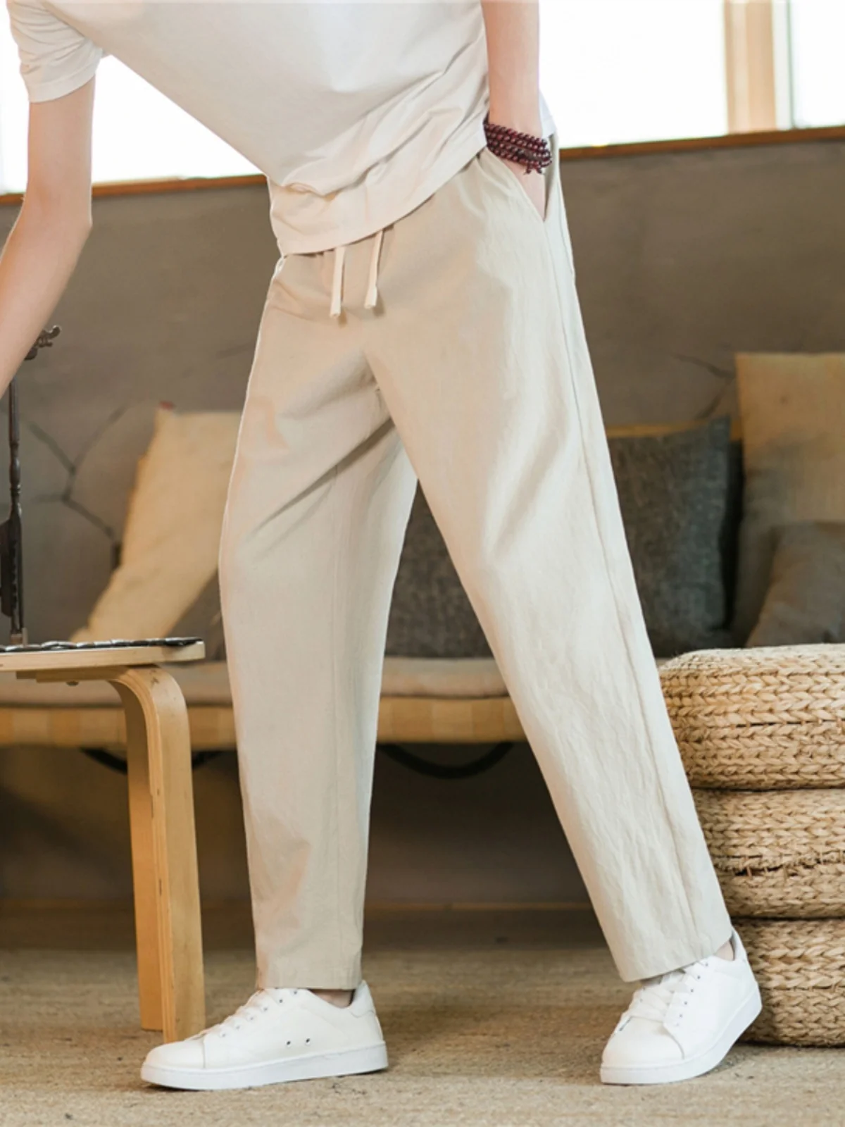 

Cotton Linen Men's Summer Thin Loose Nine Points Large Size Ice Silk Linen Sports Long Pants Straight Leg Casual Trousers