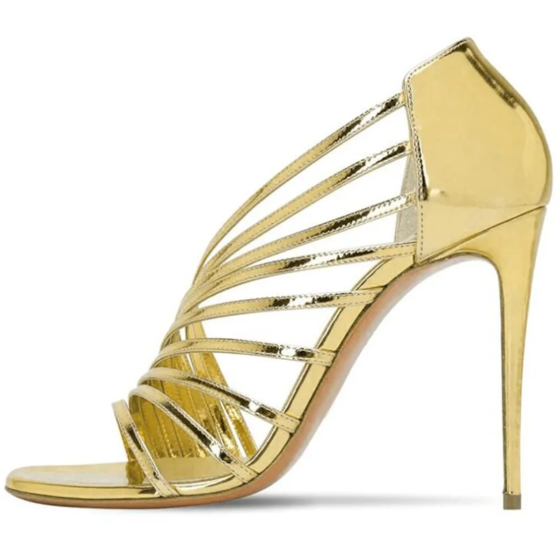 

Narrow Band Strappy Women Sandals Square Toe Gold Metallic Leather Heel Pumps Shoes Hollow Cutouts Cage Shoes Cover Heels