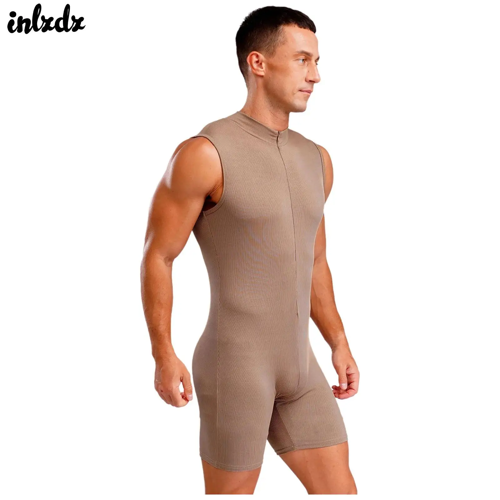 

Mens Boyleg Zipper Onesie Jumpsuit Pajama Romper Mock Neck Sleepwear Stretchy Casual Sport Bodysuit Bodybuilding Gym Fitness