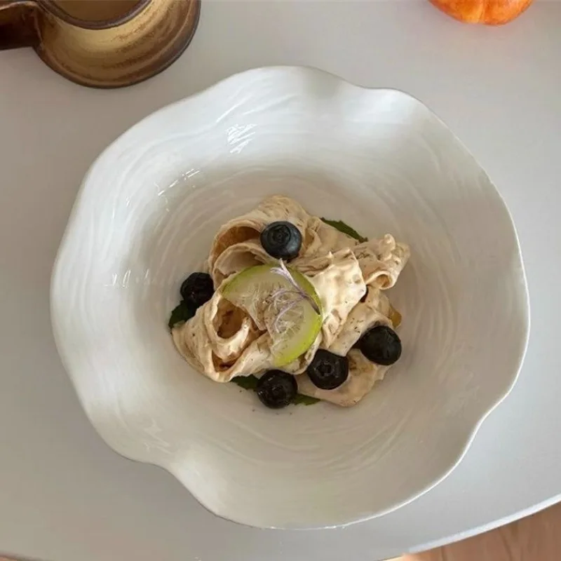 Nordic Irregular Wavy Edge Ceramic Plate, White Textured Salad Plate, INS Style Tableware,suitable for Home Kitchen Food Storage