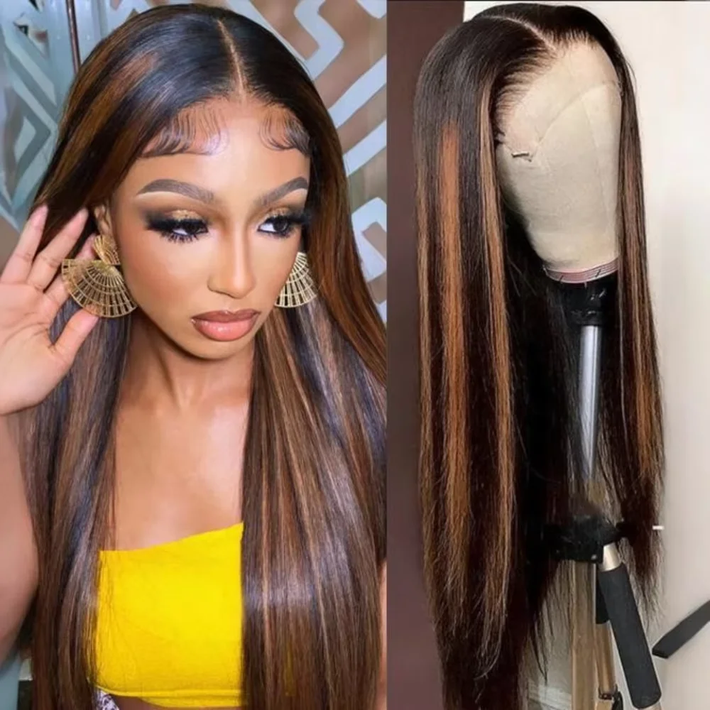 40 Inch FB 30 Bone Straight Human Hair Wigs 200% Density 1b30 Highlight Pre-plucked Hair 13x6 HD Lace Front Wig