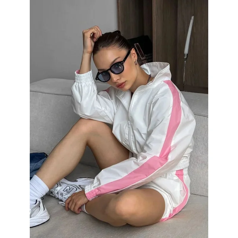 Cropped Casual Sports Suit Women Stand Collar Zip Up Loose Long Sleeve Top With Wide Leg Shorts Fashion Minimalist Daily Outfit
