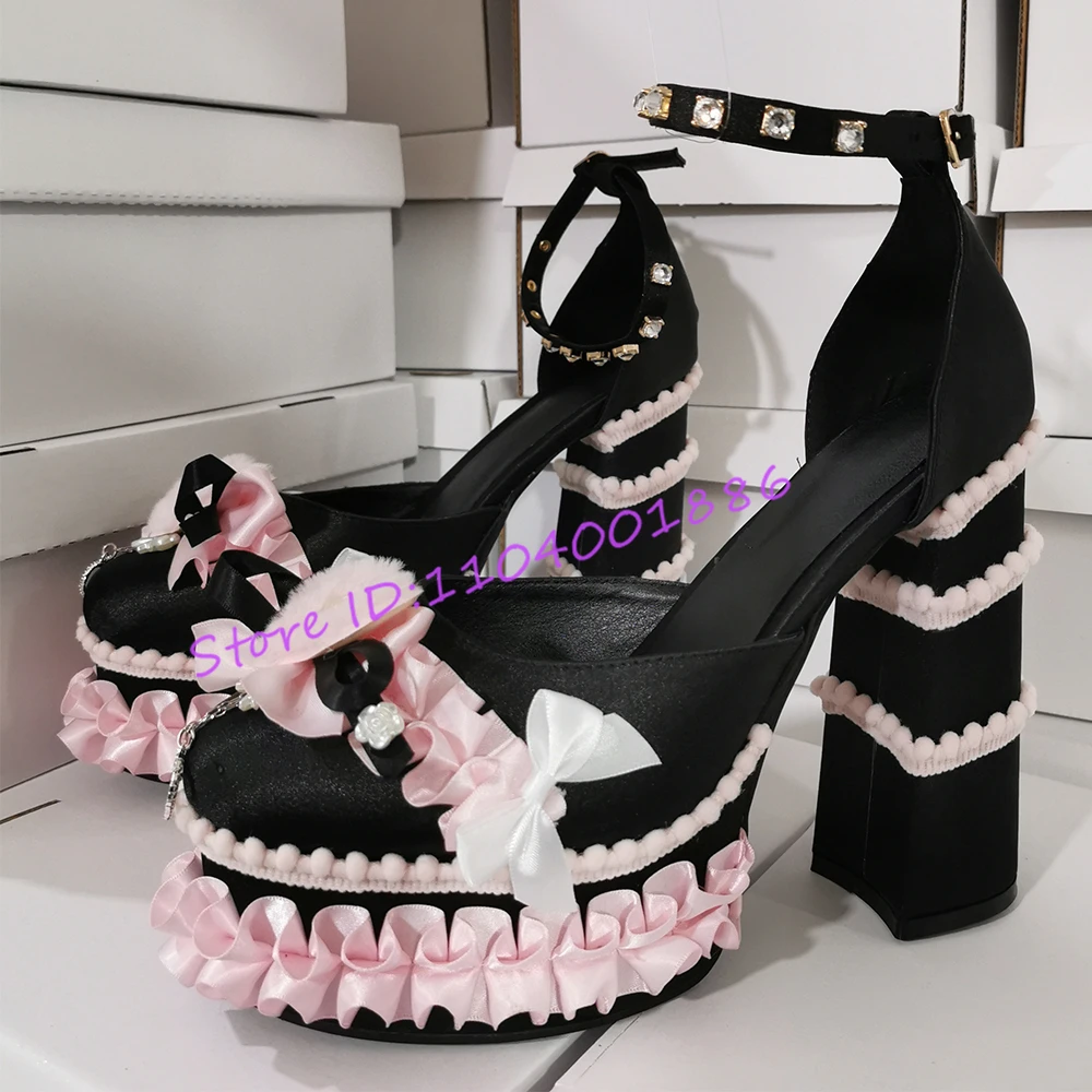 

Sweet Lolita Mary Jane Shoes Rhinestone Lace Butterfly-Knot Women Sandals Black Satin Chunky Heels Ankle Strap Party Dress Shoes