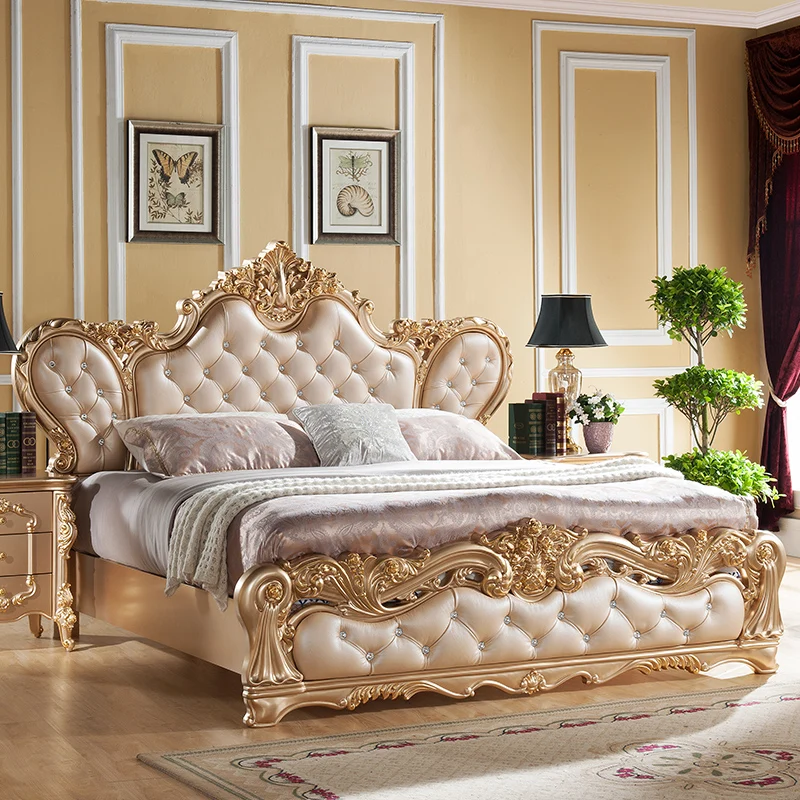 European Bed Double Bed Solid Wood Champagne Gold Leather Luxury Double Bed Hotel Modern Cama Matrimonial Bedroom Furniture