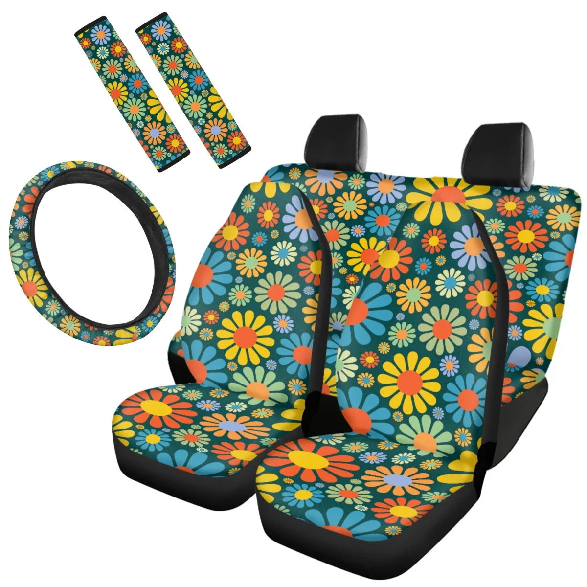 

Yellow Beautiful Flower Pattern Auto Protection Clean Device Car SeatBelt Steering Wheel Front Rear Seat Sleeve for Women Men