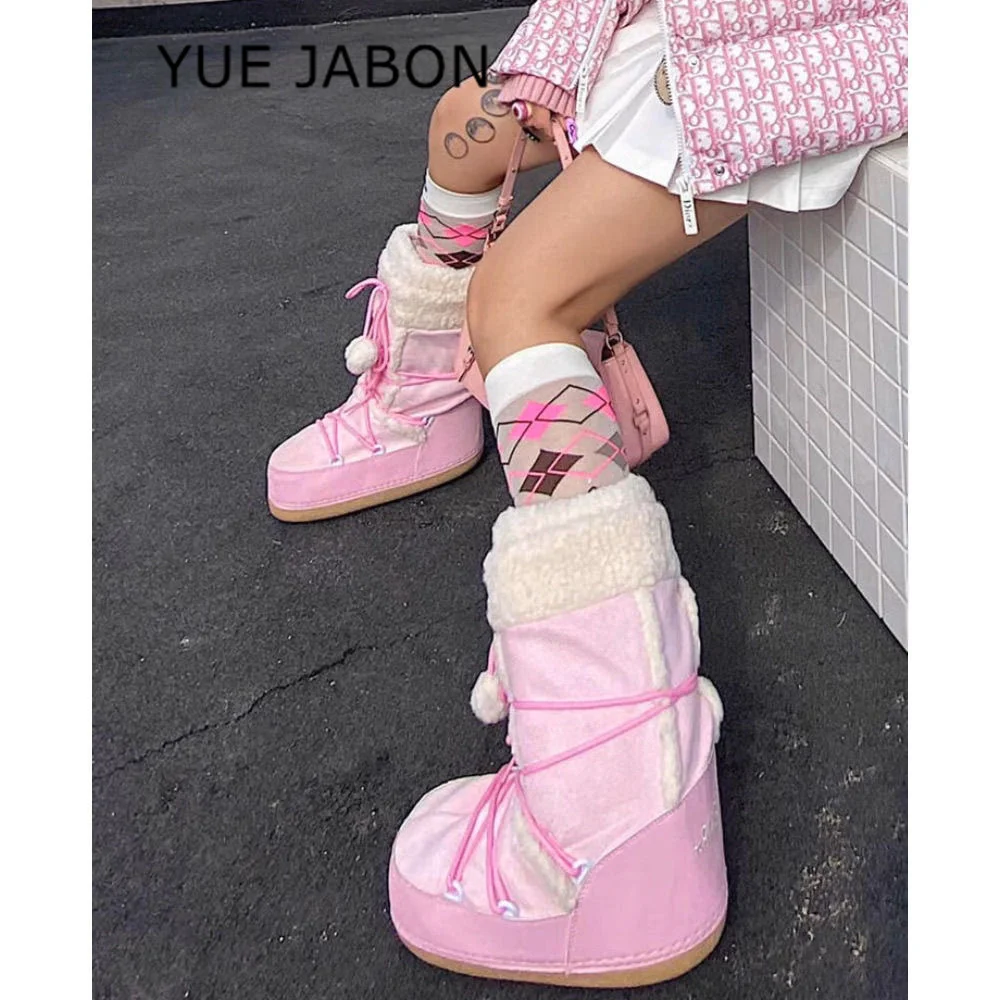 

Женские зимние ботинки из овечьего флиса, теплые удобные хлопковые ботинки на шнуровке, розовые, черные ботинки, мягкие нескользящие ботинки до середины икры, зимние лыжные ботинки