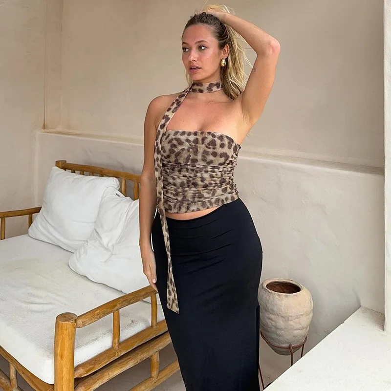 Women's Spring Summer Y2K Leopard Print Scarf & Sexy Bodycon Strapless Bandeau Top New Style Ropa Mujer