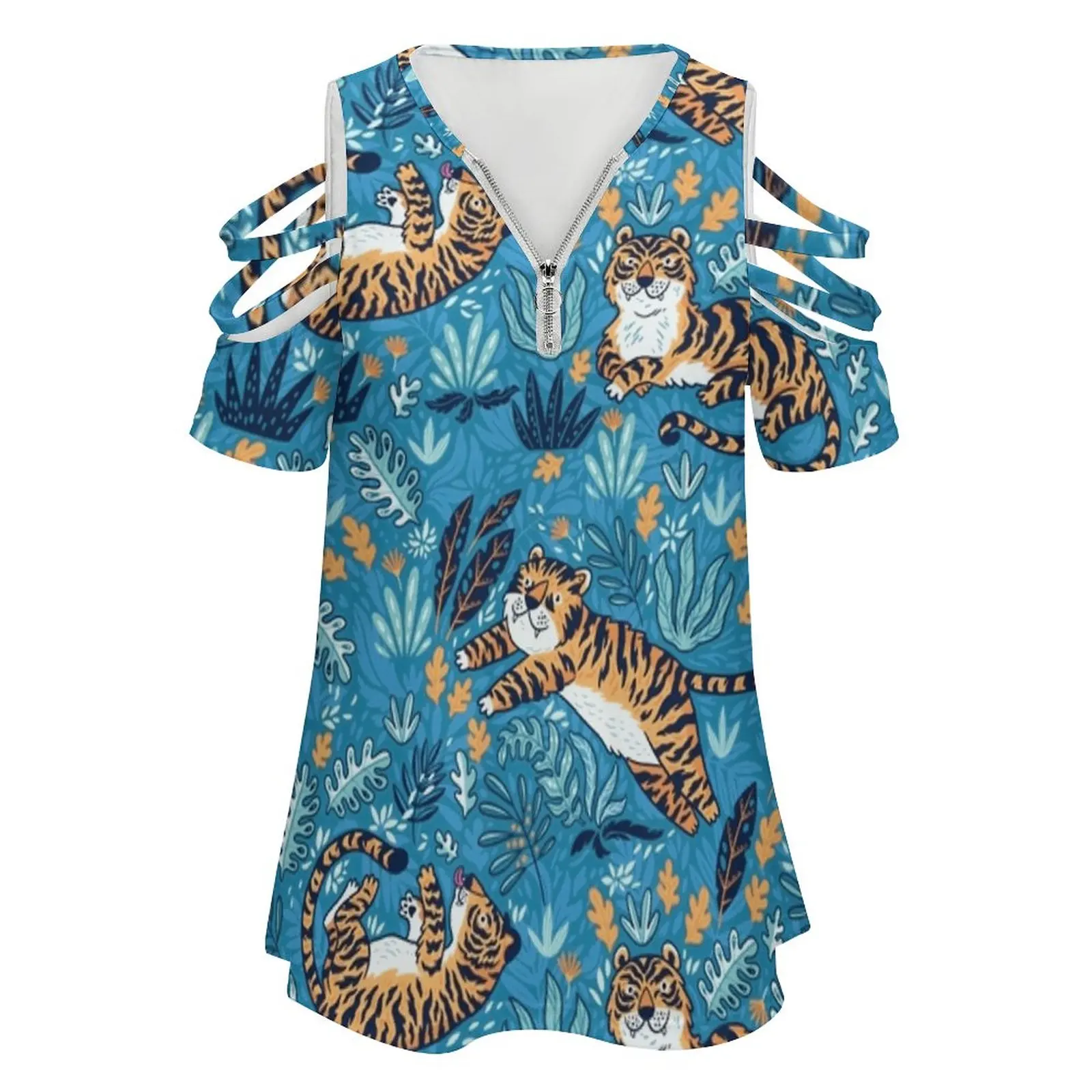 Wild Tigers Women'S T-Shirt New Fashion Printed Zipper V-Neck Short Sleeve T Shirts Casual Plus Size Safari Africa Seamless