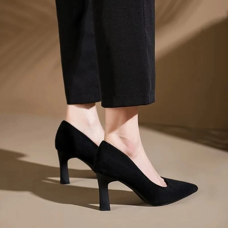 حذاء بكعب عالٍ من جلد الغزال بنعل ناعم فستان ركاب احترافي فرنسي للنساء حذاء عمل فردي