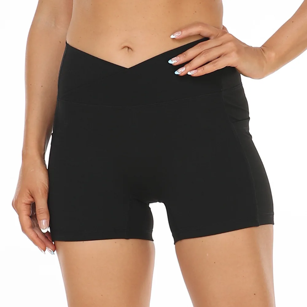 Women New Solid Color Patchwork Slim Pocket Yoga Sports Shorts Pants Gym Fitness Solid Color Elastic