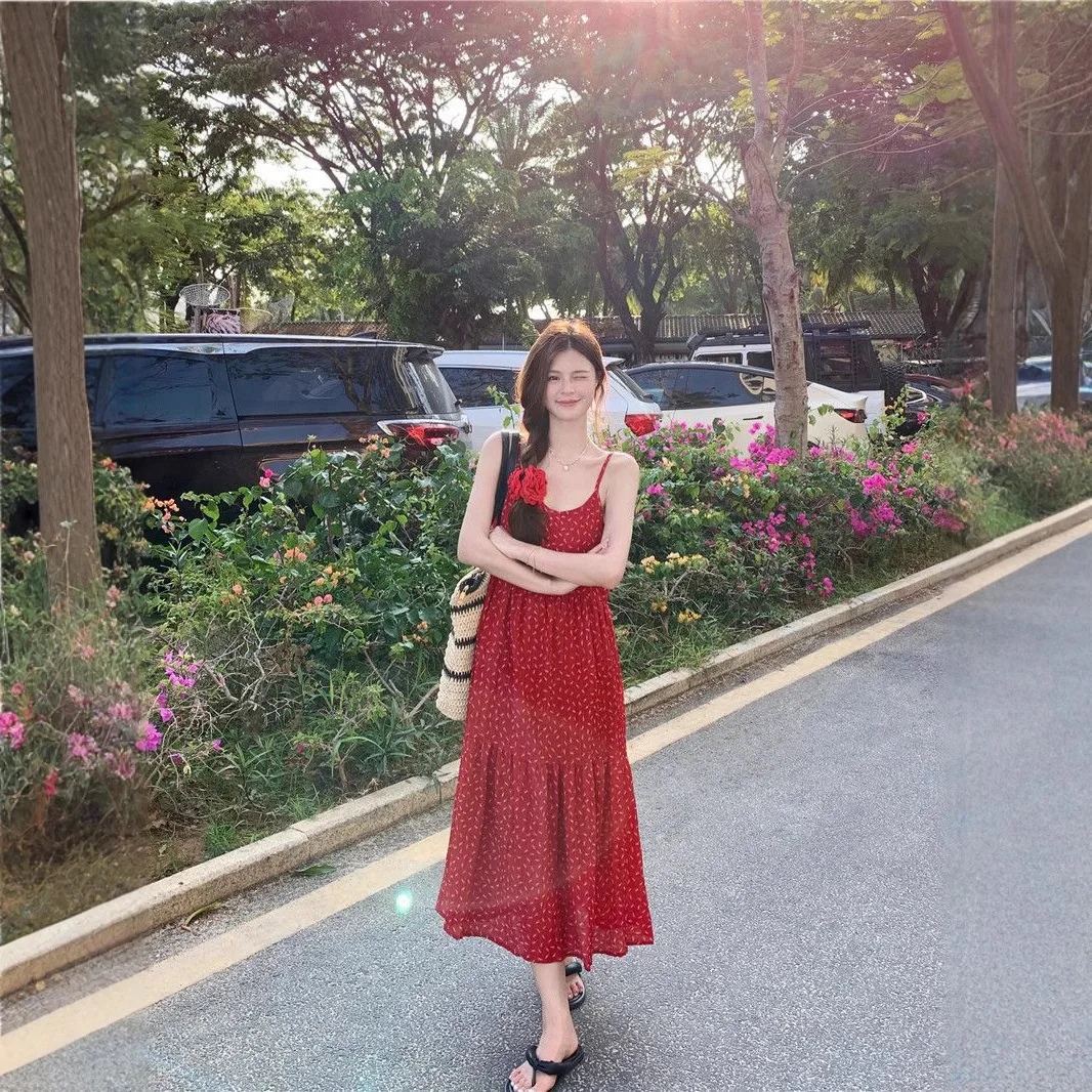 

Retro Floral Camisole Dress, Women's Summer New Style, Waist Cinching And Slimming Dress