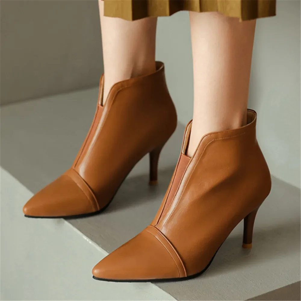 

Brand Ankle Boots Shoes Women Autumn High Heels Short Boots Pointed Toe Black Beige Brown Thin Heels Boots Ladies Boats Mujer