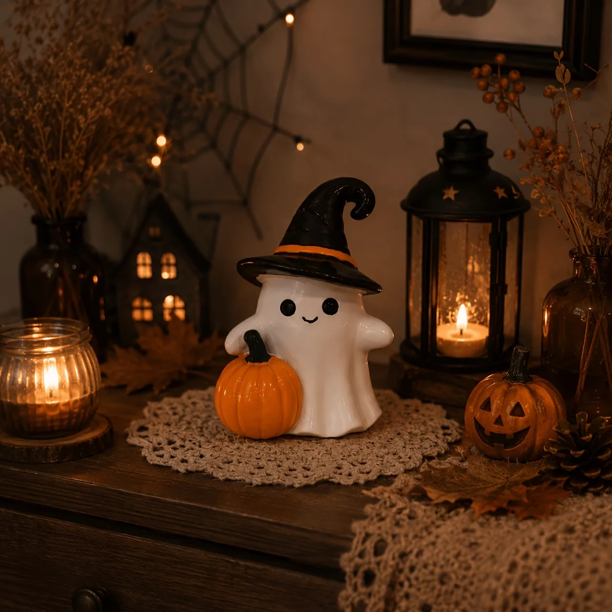 Estátua de Resina Bonita Fantasma com Chapéu de Bruxa e Abóbora, Decoração de Mesa para Casa de Halloween