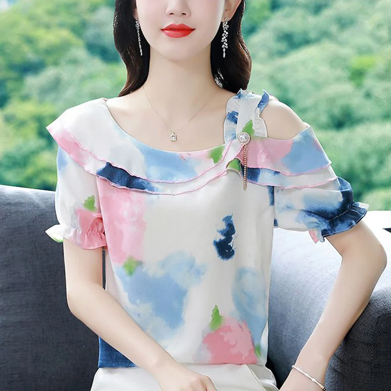 Summer Elegant Fashion Ruffles Hollow Out Chiffon Blouse Female Loose Casual All-match Vintage Blouse Women Short Sleeve Shirt