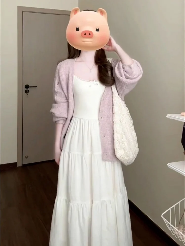 Elegant White Strapless Dress Women's Autumn Winter New Style High-End Sensation Beautiful Korean Long Dress Simple Set
