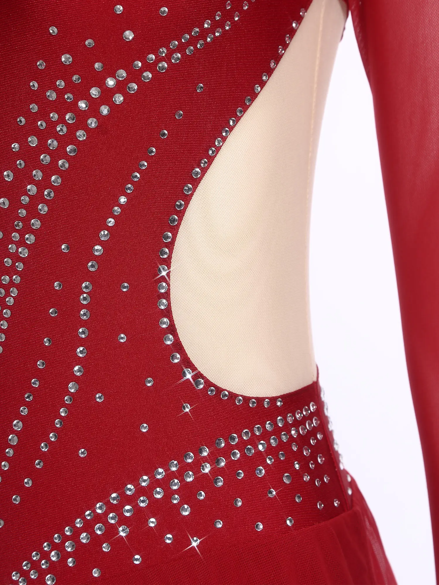 Damen Eiskunstlauf-Kostüm Rhythmische Gymnastik Ballett-Trikot Glänzendes Strass-Netz Langarm Latein Jazz Tanzkleid