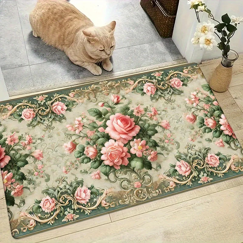 VIKAMA Flannel Christmas Doormat Non-Slip Soft Thick Rug Vintage Floral Washable Mat for Indoor Outdoor Holiday Decor
