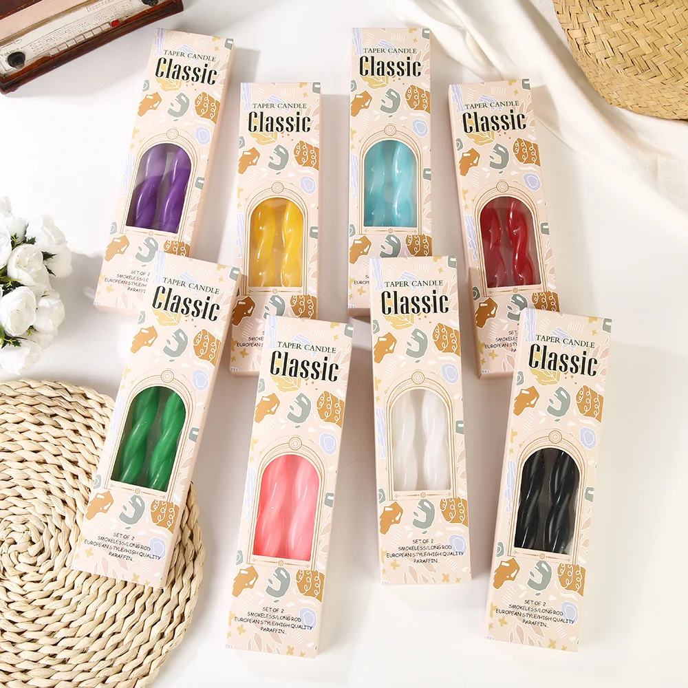 2.1x25cm Rod Wax European Style Colorful Thread Candle.2pc/box Romantic Wedding Smokeless Candlestick Spiral Long Rod Candle
