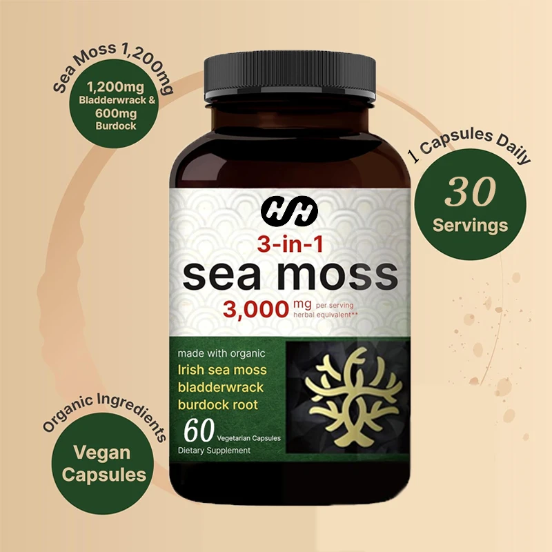 Irish Seaweed 60 Vegetarian Capsules Made From Organic Raw Powder, Combined with Bladder and Burdock Roots, Promote Immunity