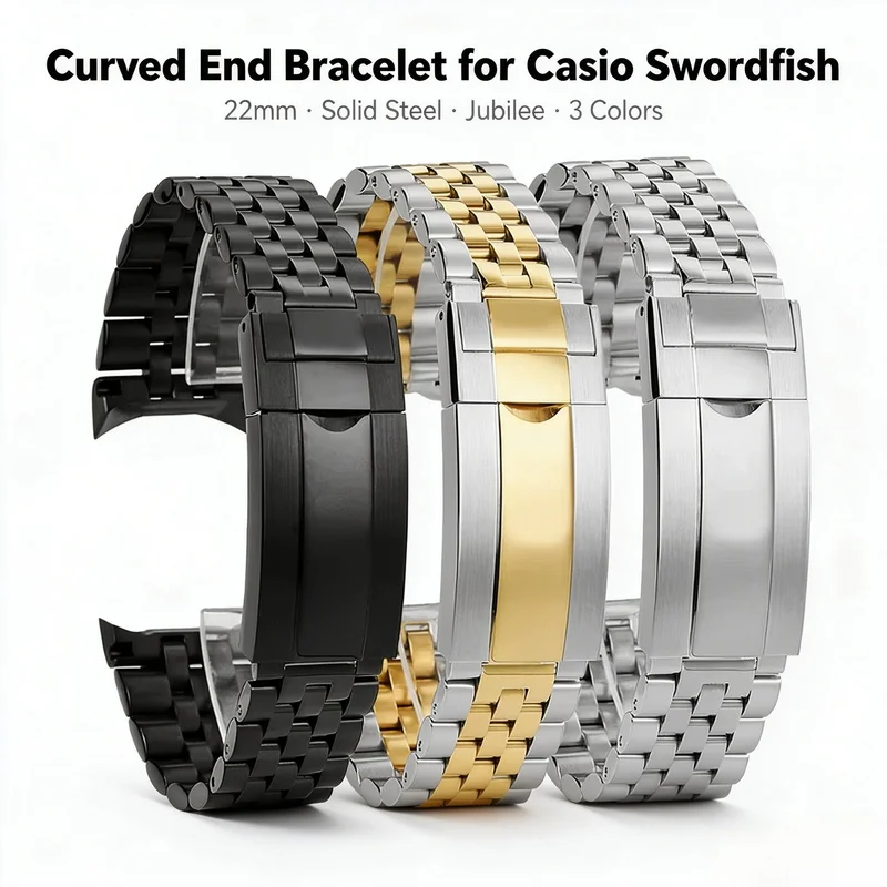 Curved End Solid Steel Bracelet 22mm for Casio Swordfish MDV-106 MDV107 Jubilee Band Black Silver Gold Replacement Watch Strap