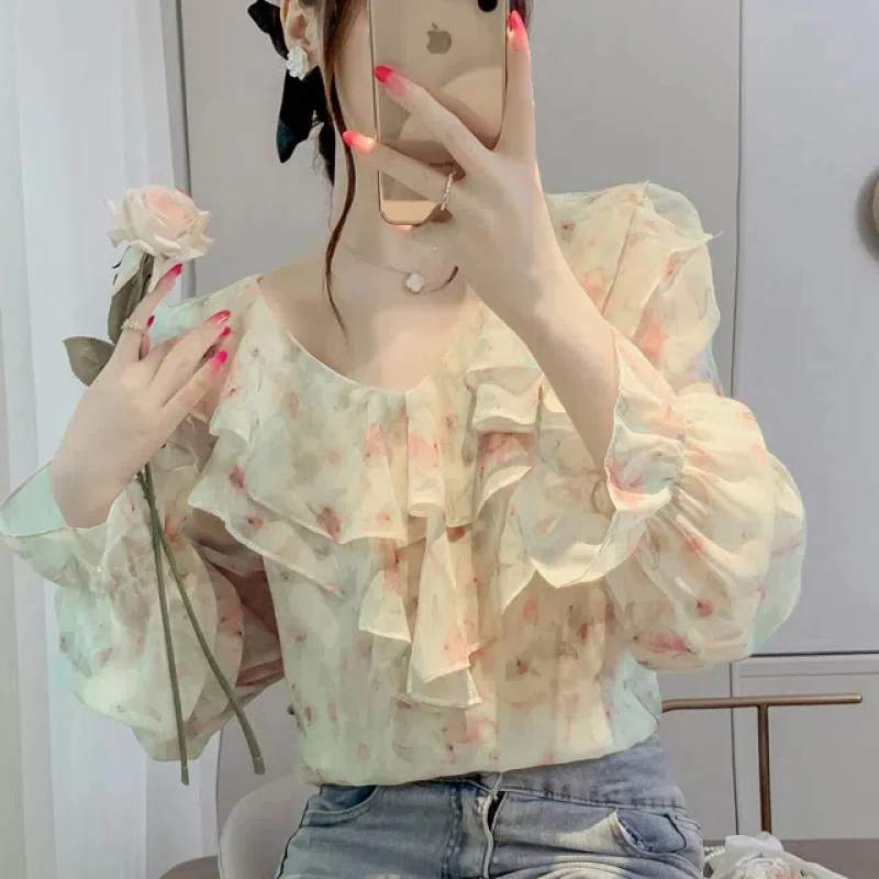 Blus Wanita Korea, blus atasan sifon lengan panjang unik manis longgar mode ruffle sambungan leher V baru musim semi musim gugur