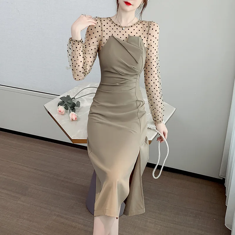 Spring Autumn New Round Dot Mesh Splicing Dress For Women Temperament Commuting O-Neck Long Sleeved High Fork Mid-Calf Dresses