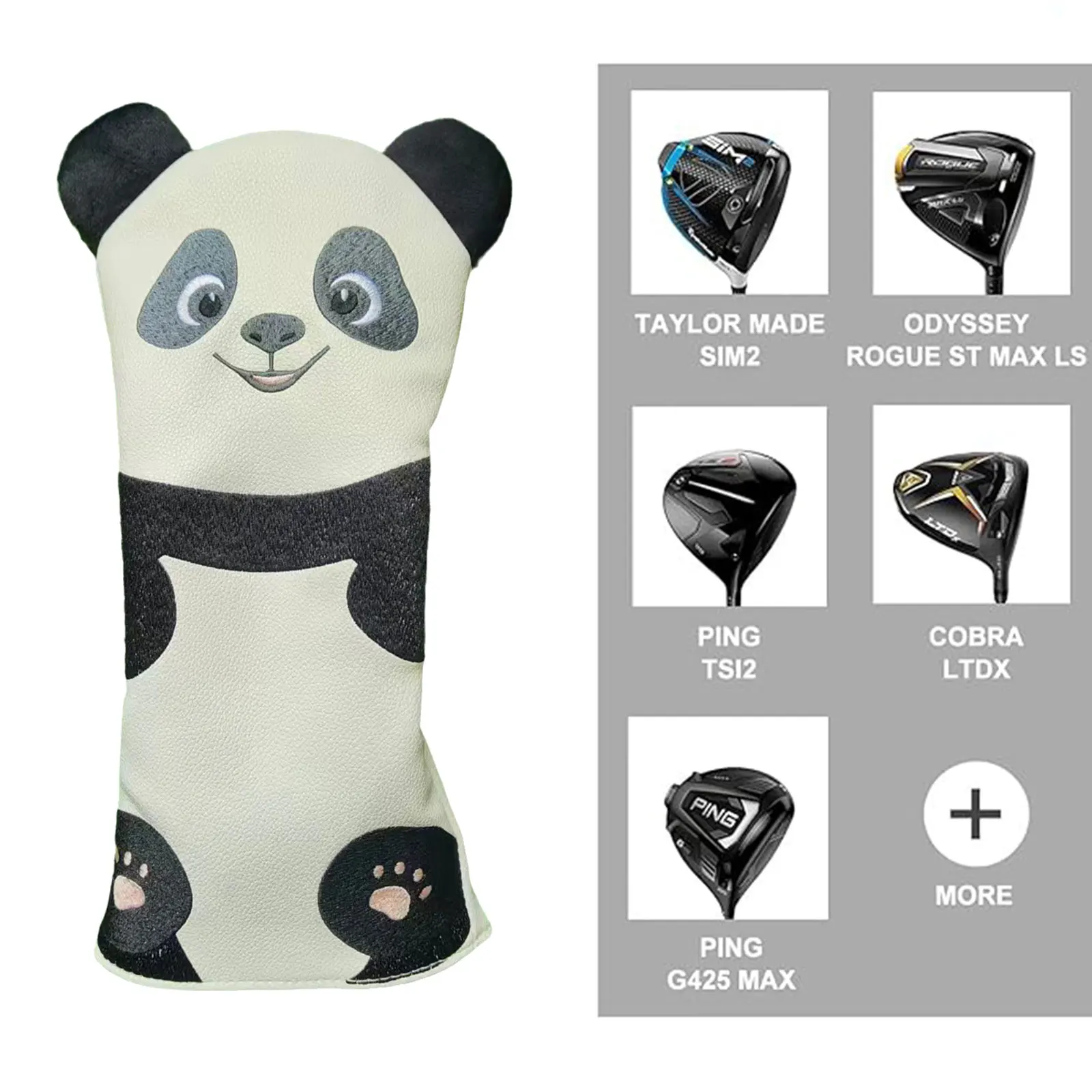 Creative Panda-Shaped Embroidery Golf Club Head Cover Club Protectors Elastic Back Water Resistant PU Leather Headcover