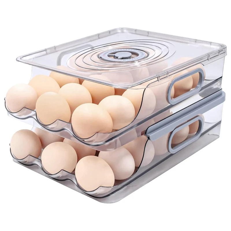 2 Layer Storage Egg Container For Refrigerator Automatically Rolling Egg Holder For Refrigerator With Lid And Time Scale