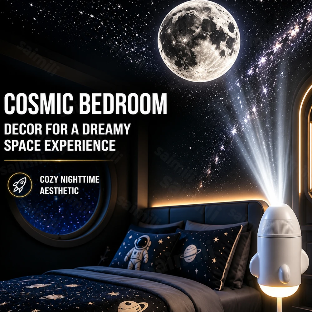 2‑in‑1 Space Rocket Nebula Galaxy Projector Night Light USB Bendable Gooseneck Soft Warm Light Home Car Bedroom Romantic Decor