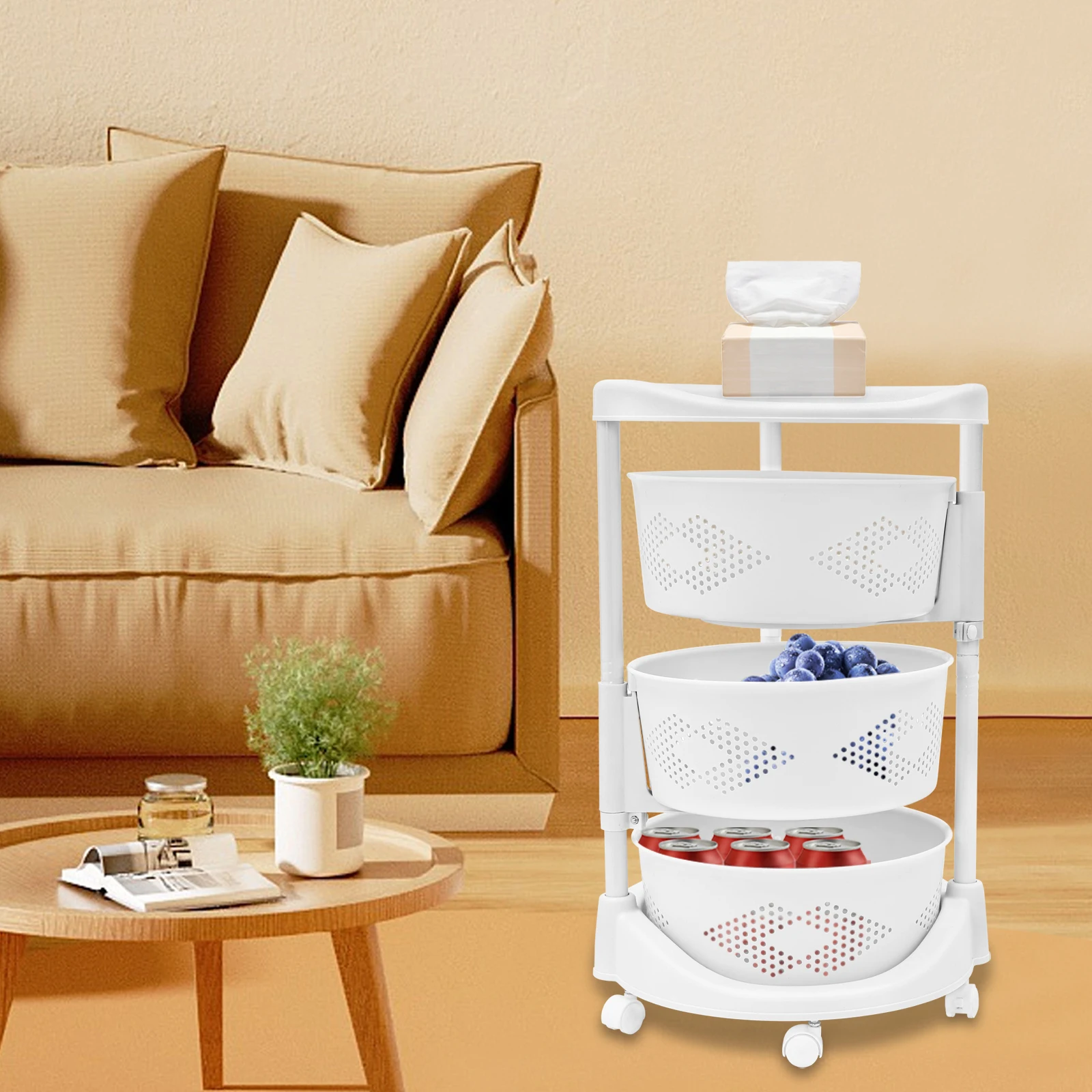 3 Layers PP Kitchen Rotating Storage Rack with Wheels  Freestanding Rolling Storage Cart White