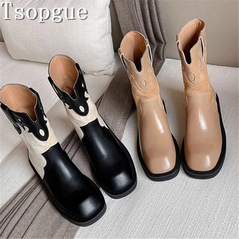 

Retro Western Cowboy Boots Women Autumn/winter New Genuine Leather Patchwork Thick Bottom Mid Top Knight Boots