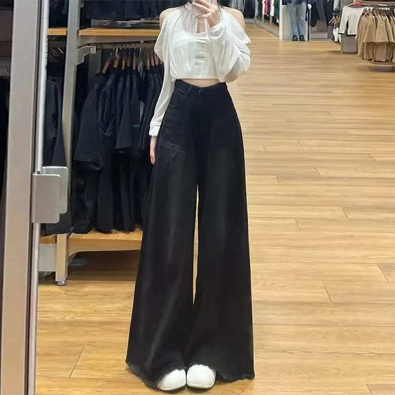 

Черные широкие джинсы для женщин, весенний новый стиль, свободные облегающие брюки с высокой талией и бахромой, универсальные прямые расклешенные брюки