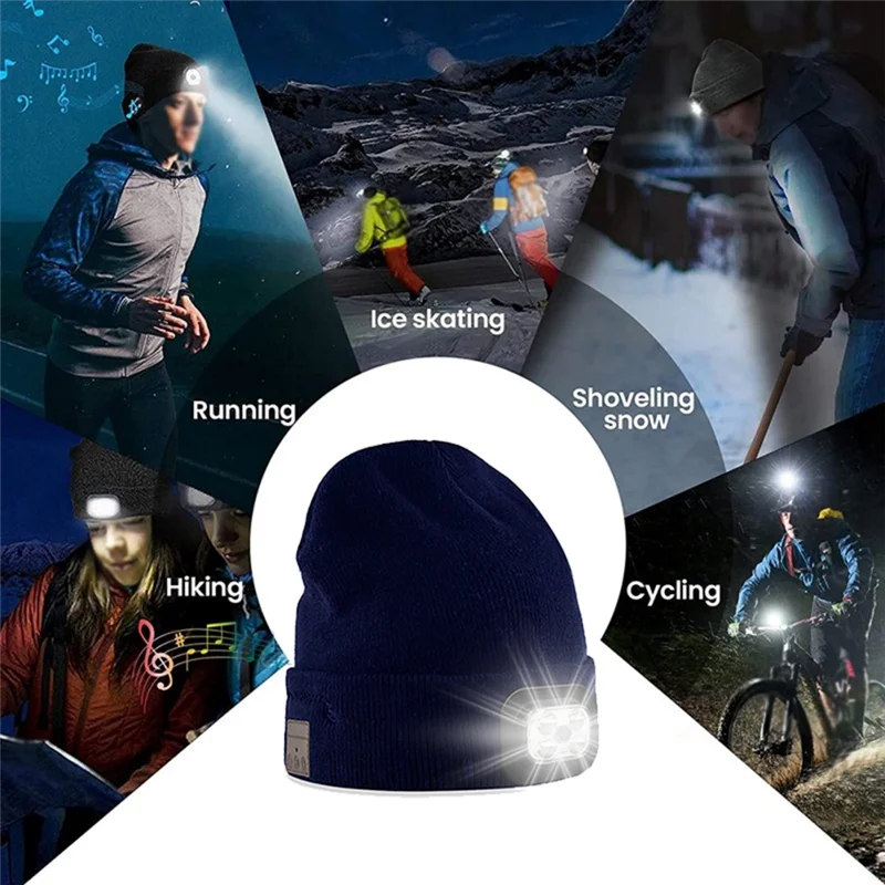 For Shoveling Snow Riding Winter Warm Bluetooth Head Light Lamp Hat Beanie with LED Music Cap Speakers & Mic Earbuds,C