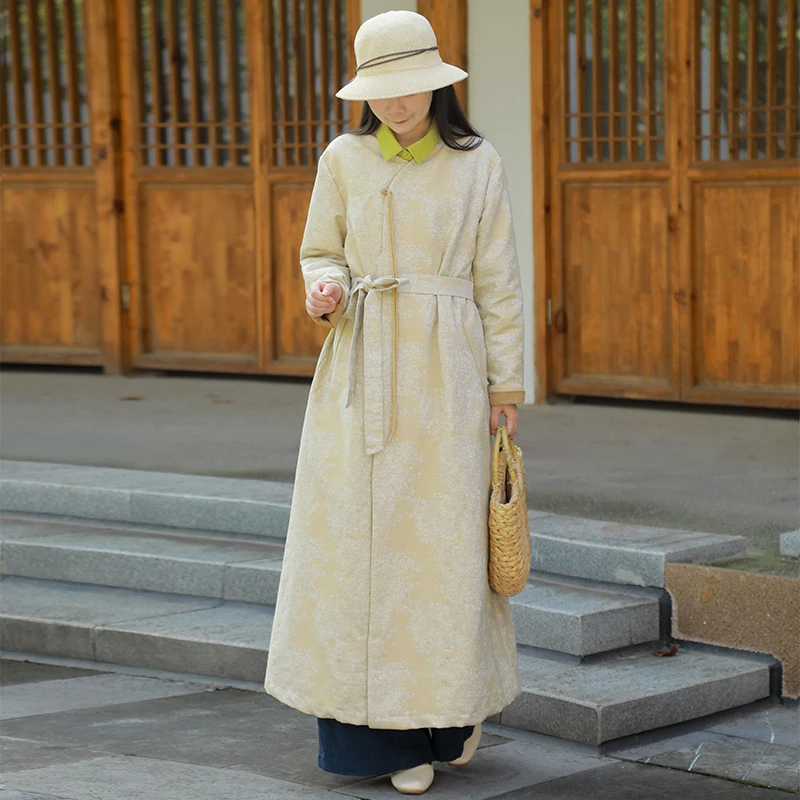 

Women's Spring linen literary and retro long trench coat loose patchwork Women's Spring linen literacotton and linen design coat