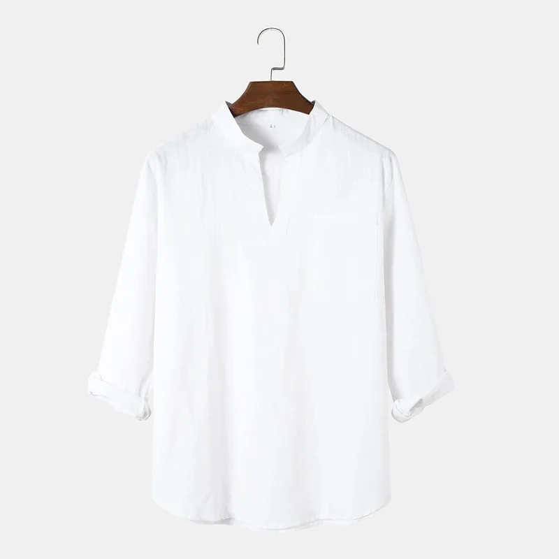 Spring And Autumn Men's Casual V-Neck Solid Color Long Sleeve Shirt Cotton Shirt Versatile Tooling Top