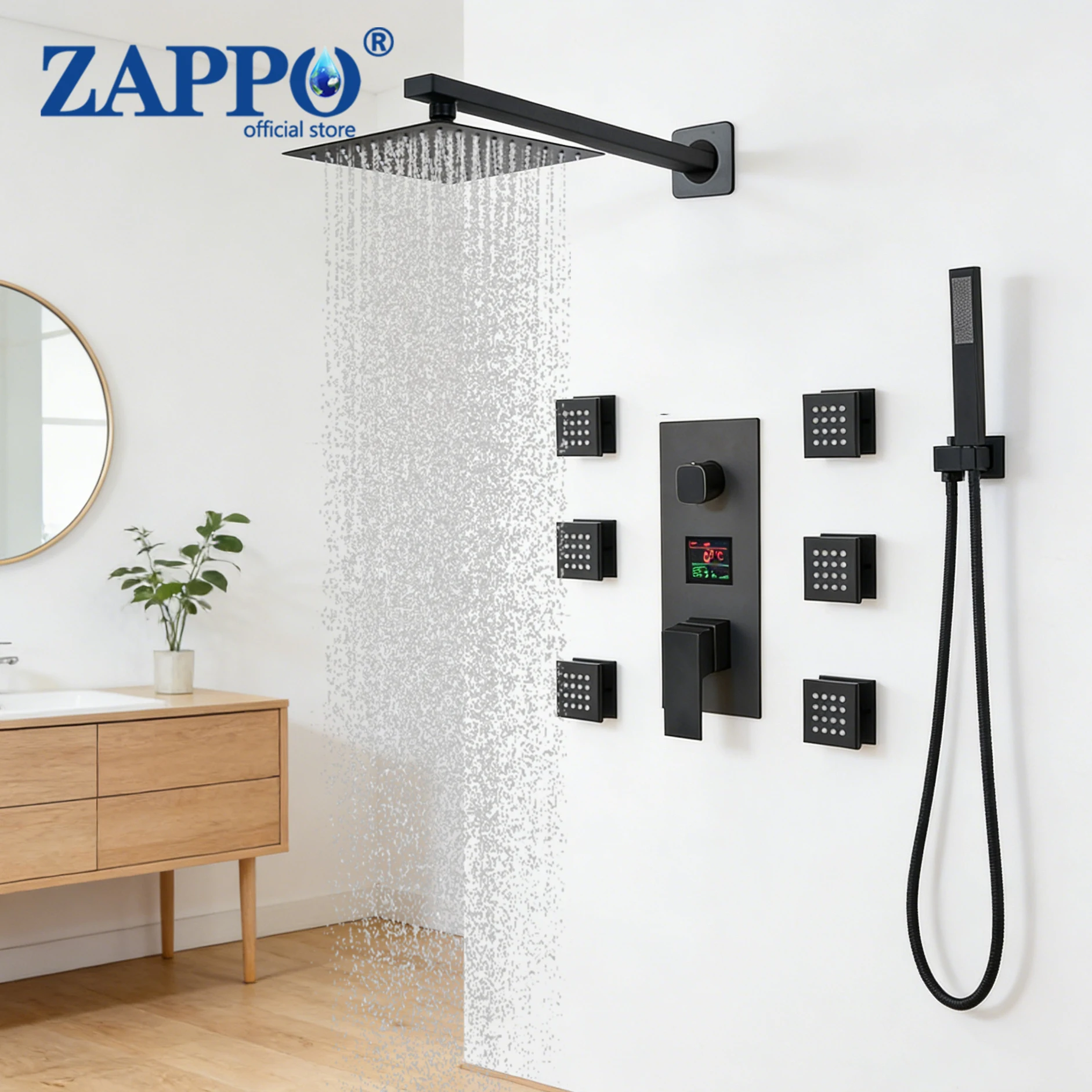 

Душевая система ZAPPO с цифровым дисплеем, тропический душ с 6 форсунками и ручным распылителем, настенный смеситель для ванной комнаты