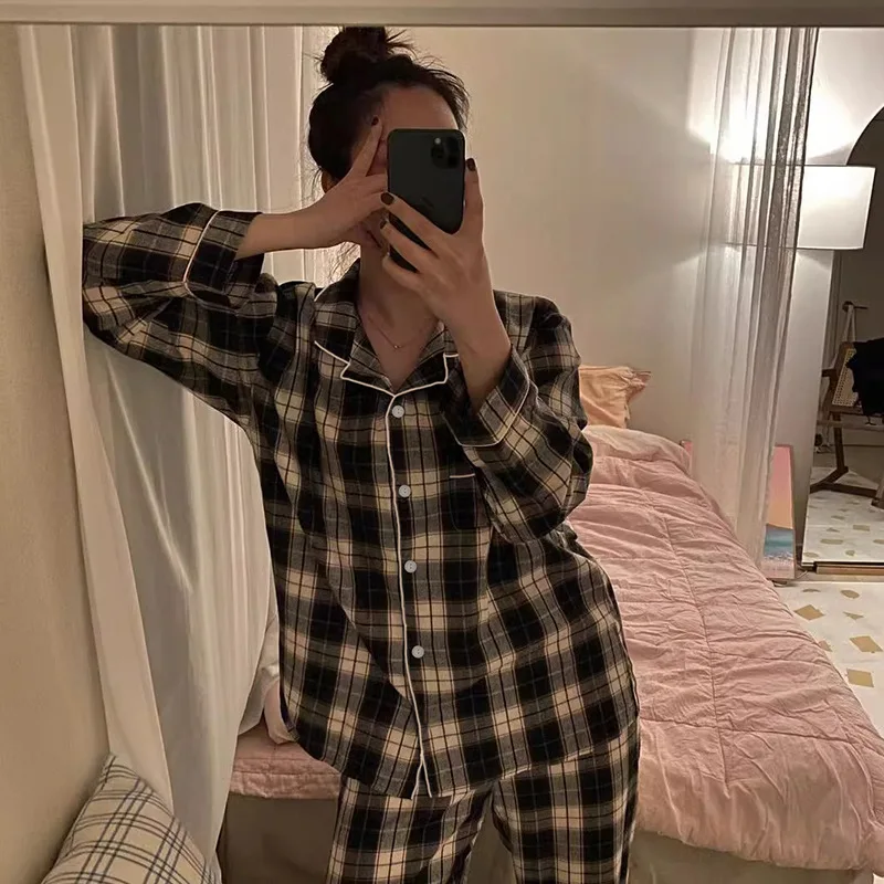 2024 Ins Japanese Casual Pajamas Women\'s Thin Girl\'s Home Lapel Cardigan Two-piece Set Fashion Plaid Pyjamas Women Homewear