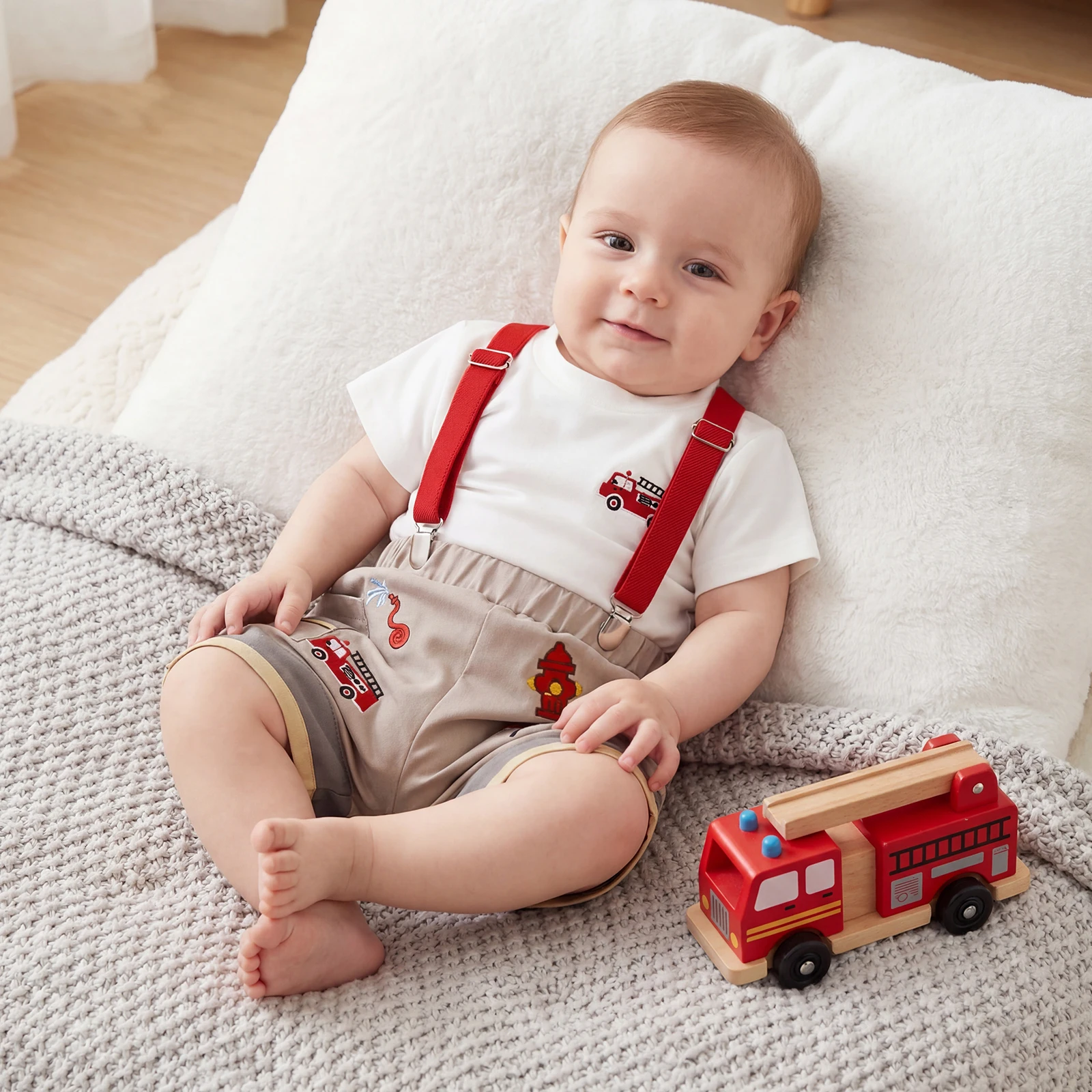 Toddler Baby Boy Summer Outfit Firefighting-themed Embroidered Crew Neck Short Sleeve t Shirt Tops Suspender Shorts 2 Pcs Set