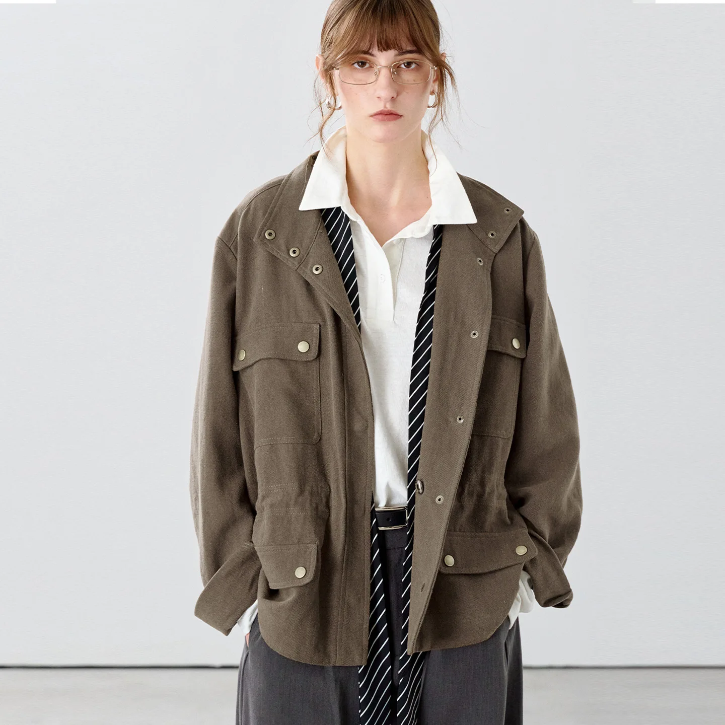 Old Money Wind Cotton And Linen Tooling Single-breasted Snap Jacket Jacket Small Stand-up Collar Linen Long-sleeved Baseball