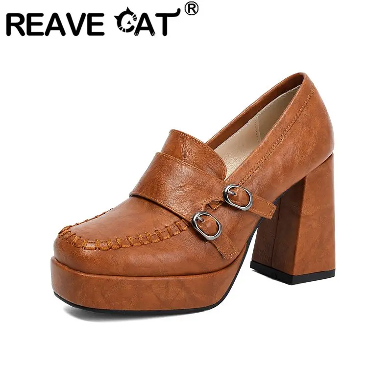

REAVE CAT Yellow Women Pumps Square Toe 9.5cm Chunky High Heel 2.5cm Platform Slip On Belt Buckles Plus Size 42 43 Casual Shoes