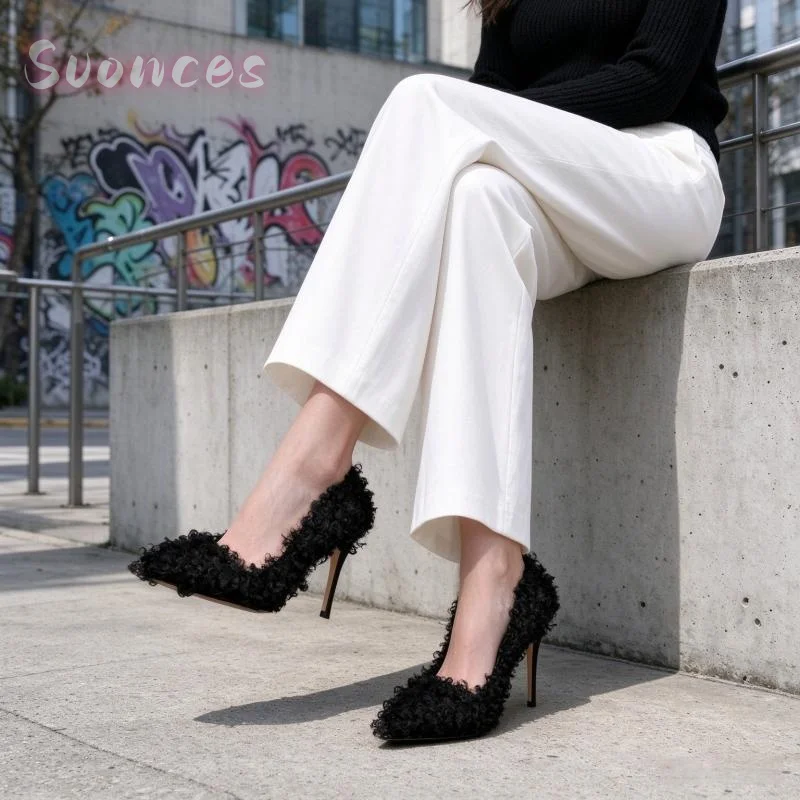 Curly Fluffy Faux Fur Women Pumps Pointed Toe Slim Stiletto Heel Slip on Construction Soft Plush Club Stylish Dress Shoes