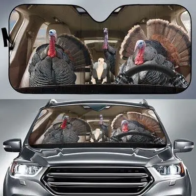 Funny Turkey Bird Family Left Hand Drive Car Sunshade, Turkey Birds Driving Auto Sun Shade, Gift for Turkey Bird Lover Car Decor