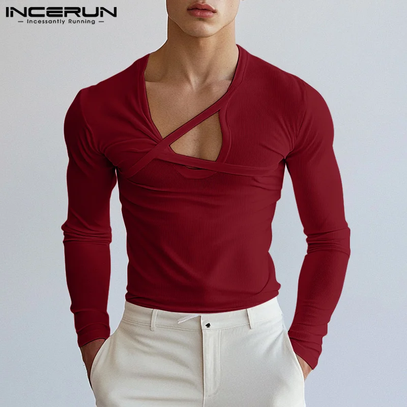 INCERUN Tops 2024 American Style Fashion Men's Deconstruction Solid Hollow T-shirts Casual Streetwear Male Long Sleeved Camiseta