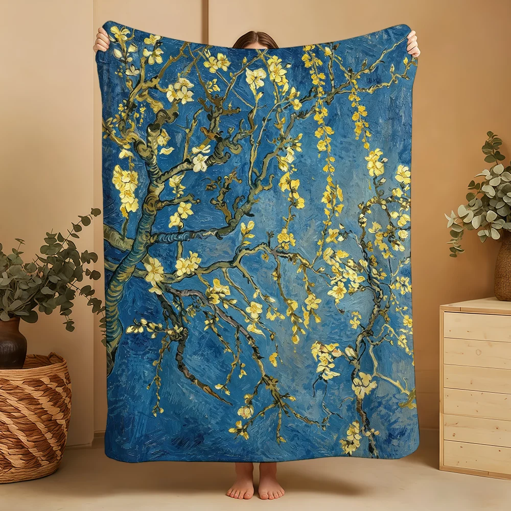 Gogh Almond Blossoms Oil Paint Blanket Printed Flannel Soft Warm Cozy All-Season Nap Bed Sofa Travel Camping Gift Adults Kids