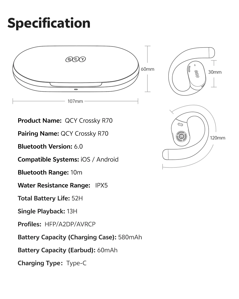 QCY Crossky R70 Open-Ear-Funkkopfhörer, Hi-Res LDAC Audio, Bluetooth 6,0-Kopfhörer, 4 Mikrofone, HD-Anruf, IPX5-Ohrbügel, Sport-Ohrhörer – Detail 15