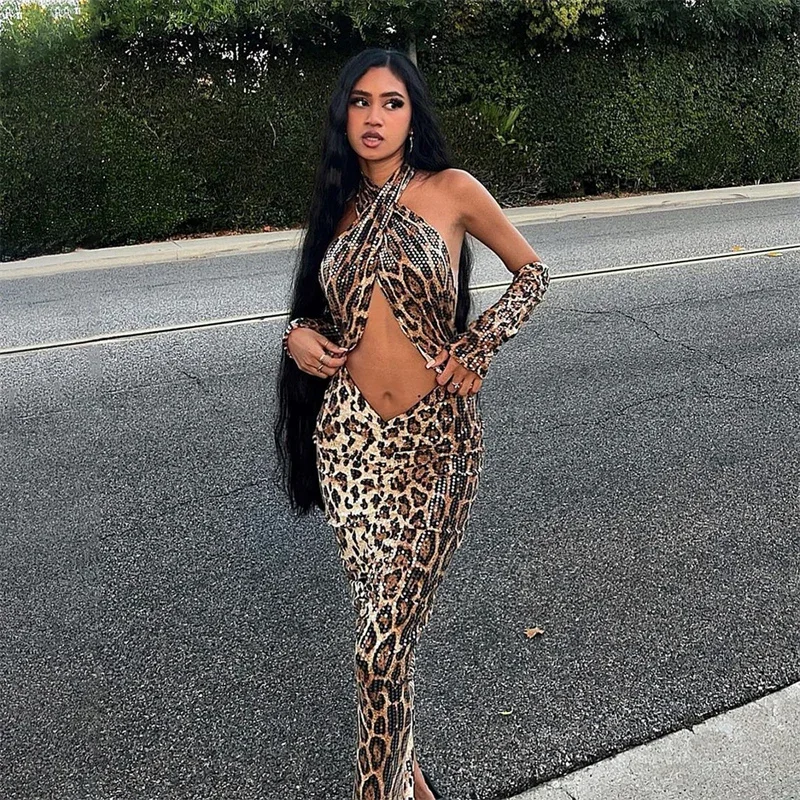 Sexy Leopard Print Sequins Celebrity Party Dress for Women Elegant Bandage Halter Cut Out Backless Club Split Bodycon Maxi Dress