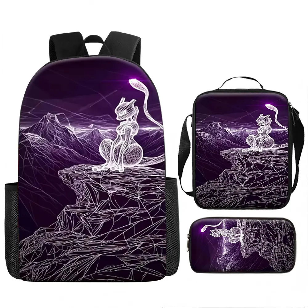 Kids Bag Mewtwo 3pcs Backpack Set Neon Purple Wireframe Mountain Anime Print Breathable for Kids School Travel