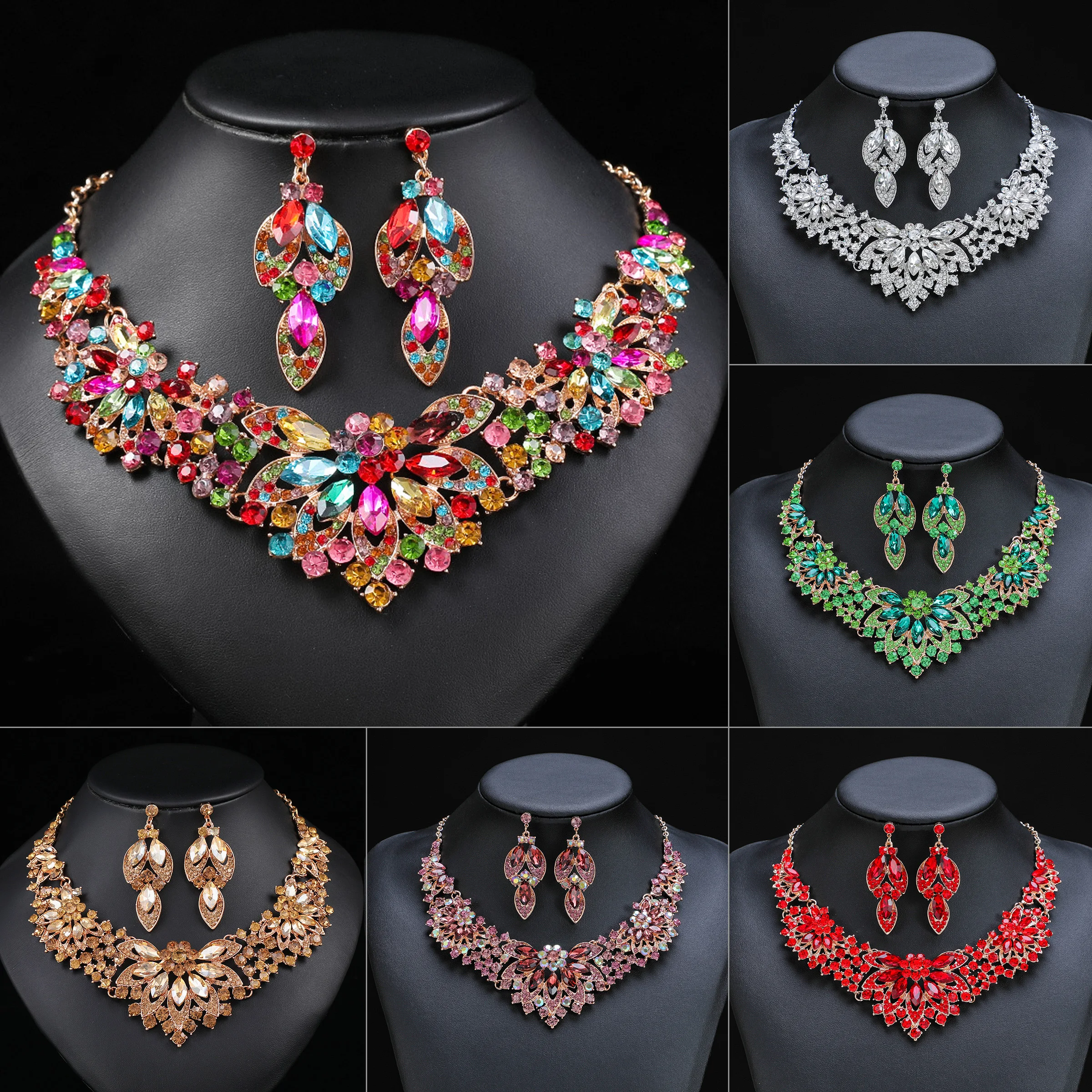 

Усовершенствованный дизайн, ретро-колье, серьги, комплект листьев, разноцветные цветы, роскошные хрустальные украшения, аксессуары для свадебного платья невесты