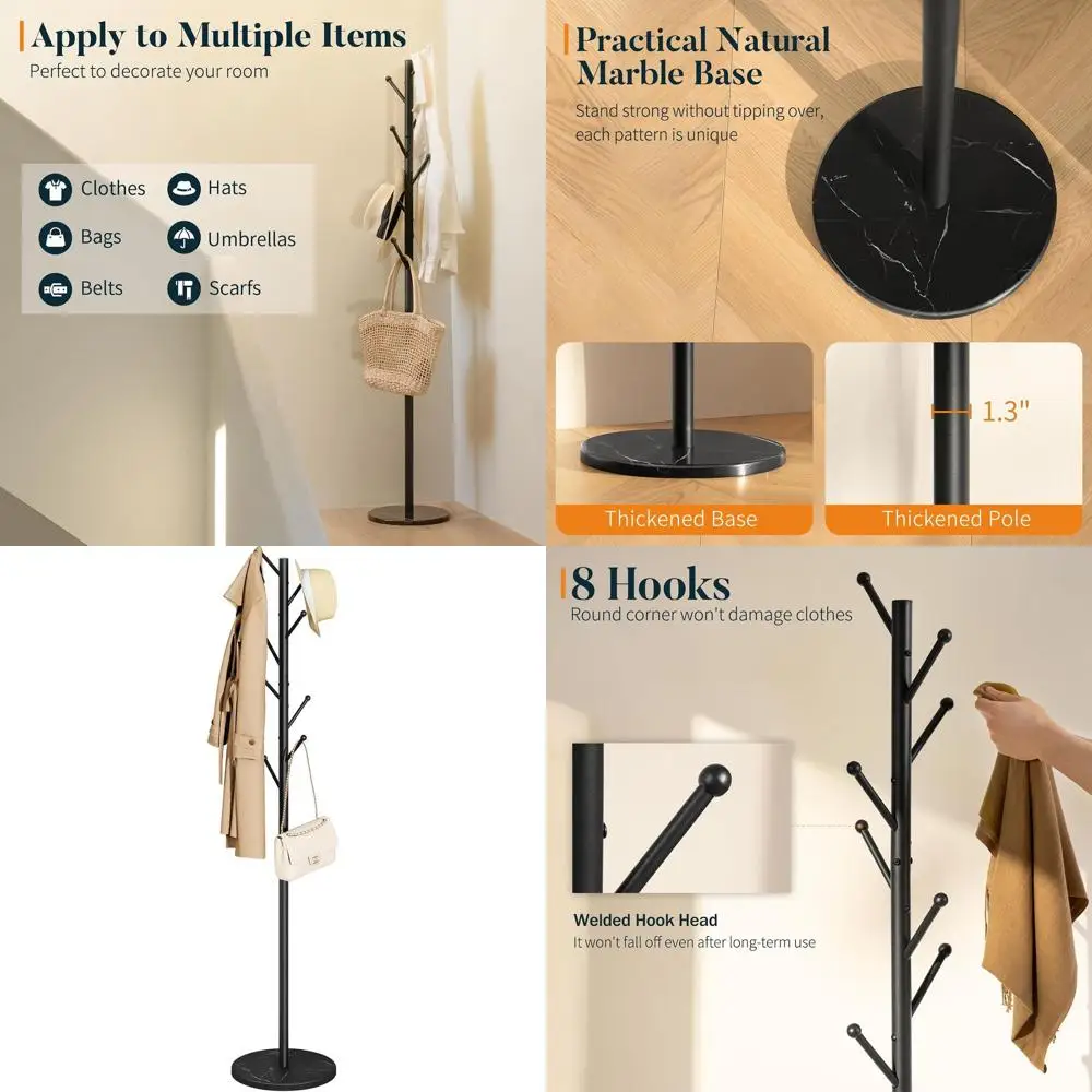

Sturdy 8-Hook Metal Coat Rack with Natural Marble Base - Heavy-Duty Tree Stand for Hats, Coats, and Bags, Ideal for Entryways