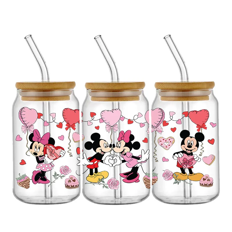 Disney Mickey Stitch Transfer Sticker 16OZ UV DTF Cup Wrap Valentine's Day For 16oz Libbey Glass Can DIY Waterproof Cup Stickers